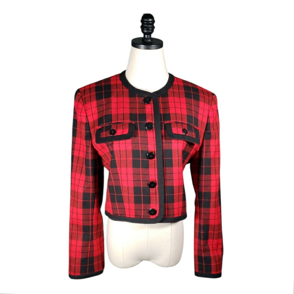 Copy Tartan Plaid Pure Wool Union Tag Cropped 80's Shoulder Pads Academia Jkt